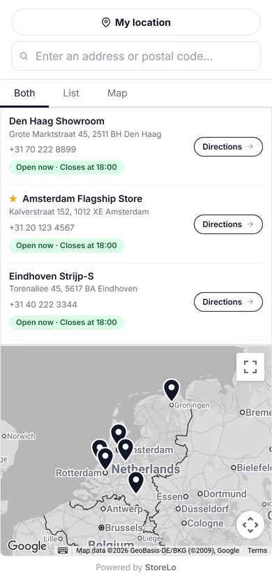 StoreLo store locator op mobiel: zoekbalk met resultaten onder elkaar